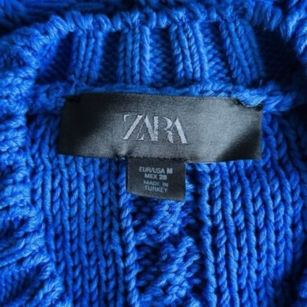 ZARA Vibrant Blue Cable Knit Button Up Cardigan Short Sleeve Womens M VG - Picture 7 of 8